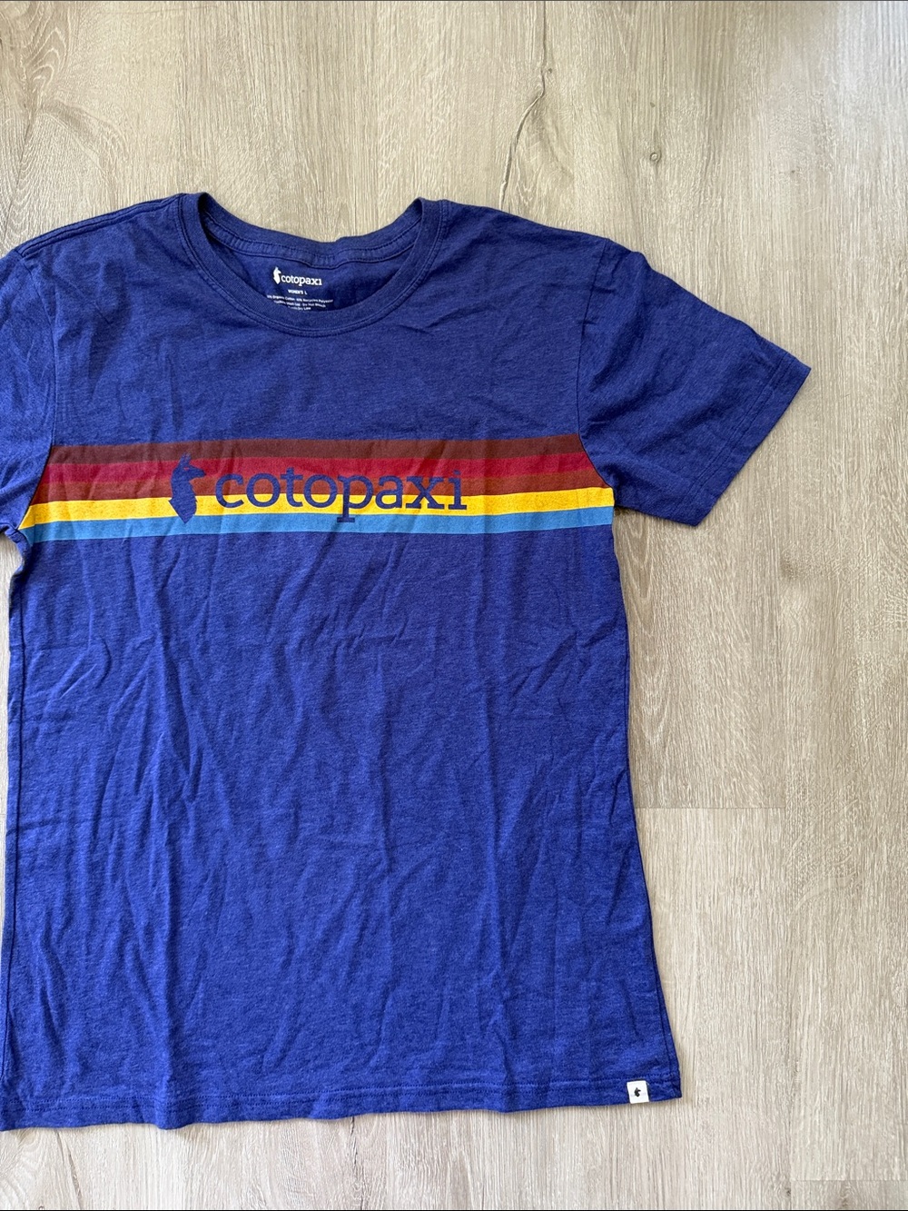 cotopaxi Blue Tee with Red, Yellow & Blue Stripes Large
